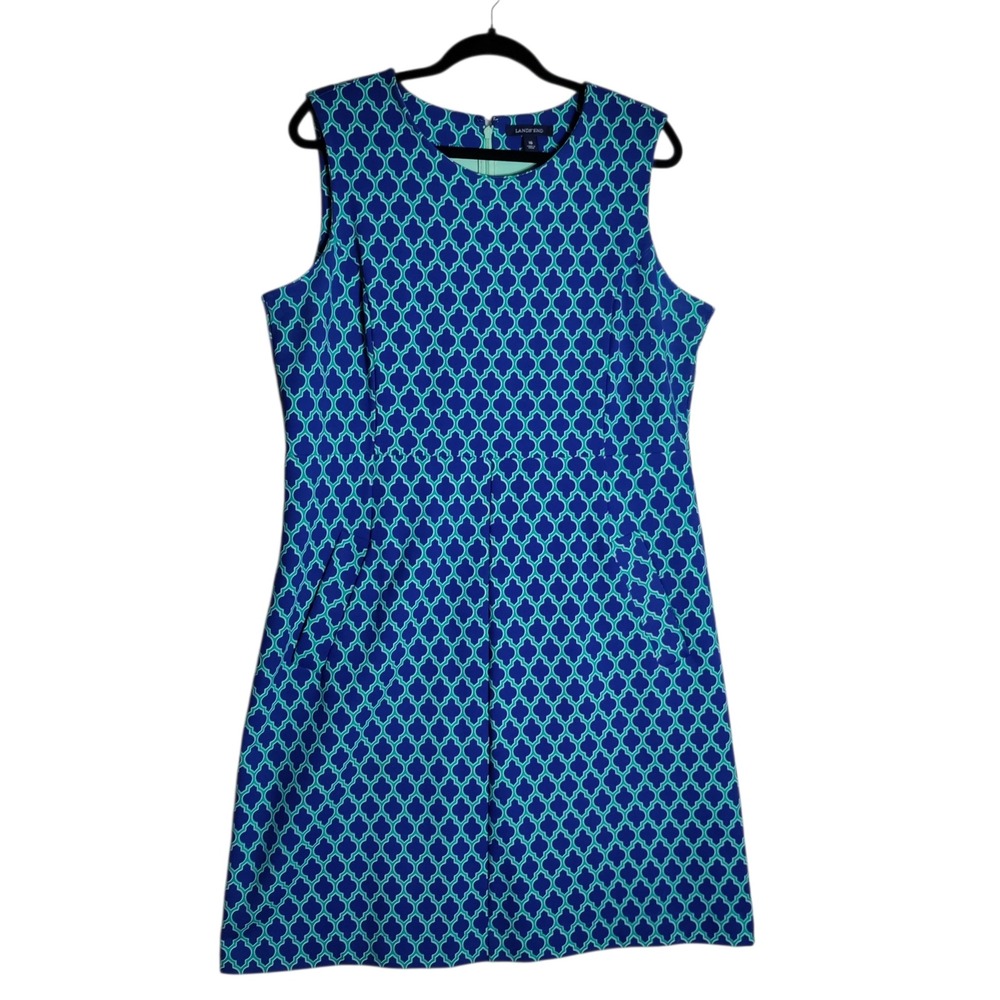 Lands End Womens Blue Teal Quatrefoil Sleeveless Sheath Dress Size 16 Ponte Knit - Picture 1 of 7